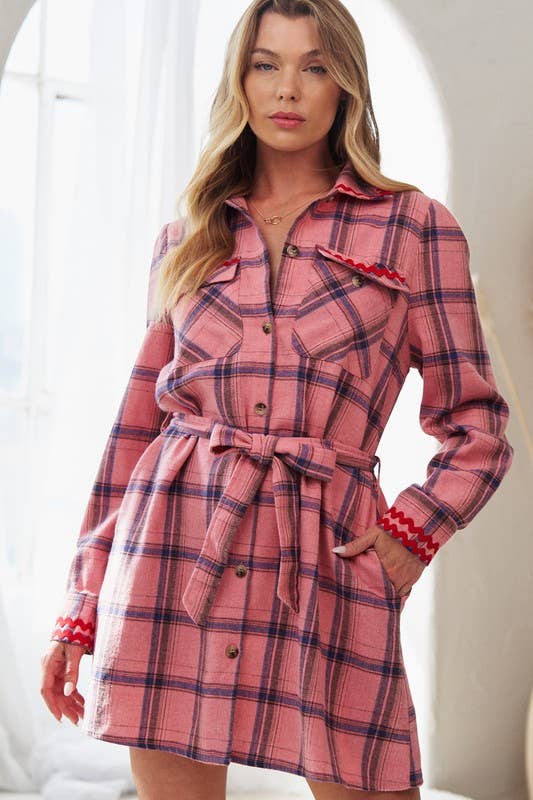 Collared Long Sleeve Plaid Button Down Shirt Dress