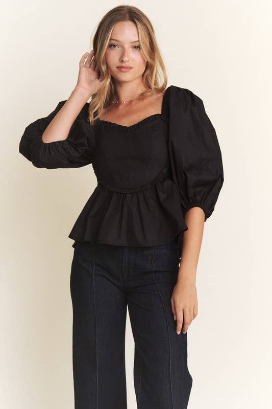 HEART SHAPED BUST 1/2 PUFF SLEEVE PEPLUM TOP