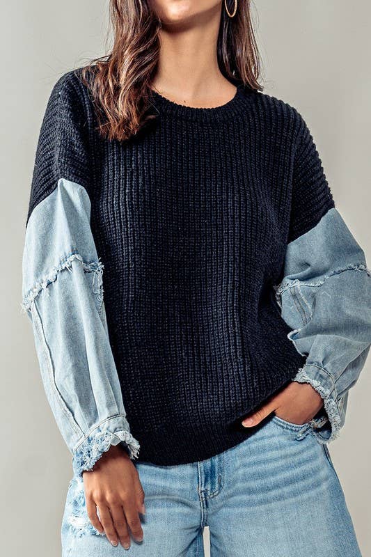 DENIM SLEEVE TWO TONE KNIT SWEATER