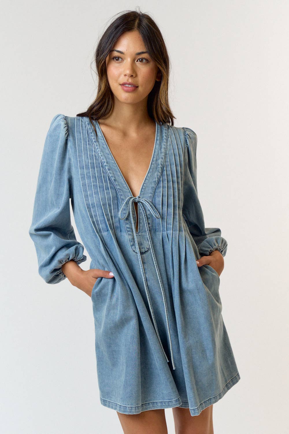 PLEATED FRONT TIE DENIM ROMPER W/ POCKETS