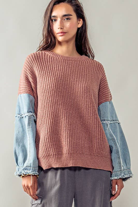 DENIM SLEEVE TWO TONE KNIT SWEATER