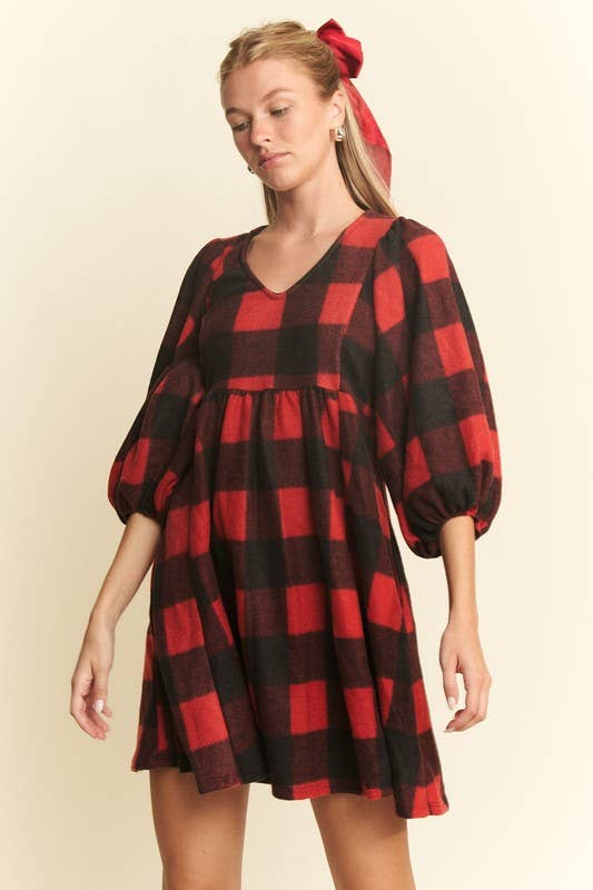 V NECK PLAID BABY DOLL DRESS