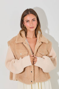 TWO MATERIAL FAUX FUR VEST JACKET