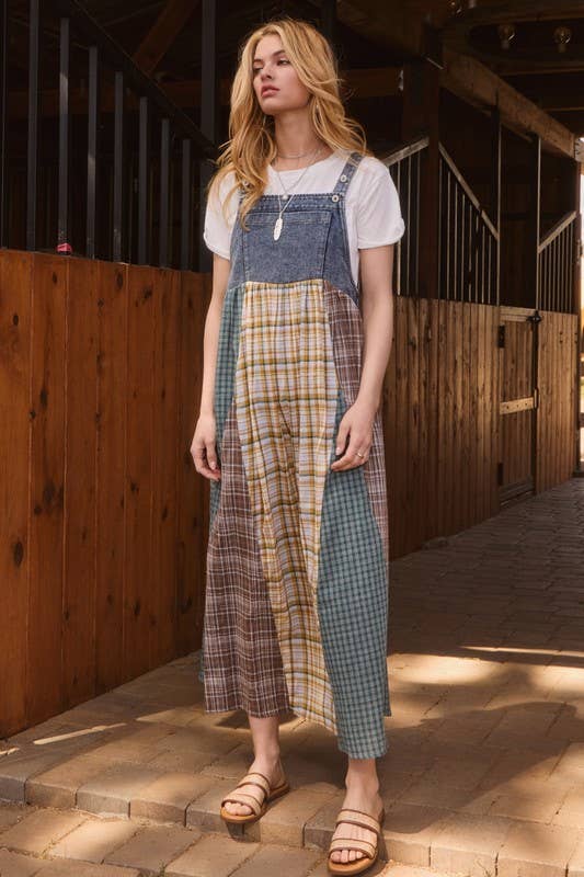 Plus Color Mixed Plaid Overall Maxi Dress