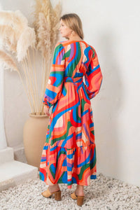 Multi Color Geo Print Front Wrap Maxi Dress