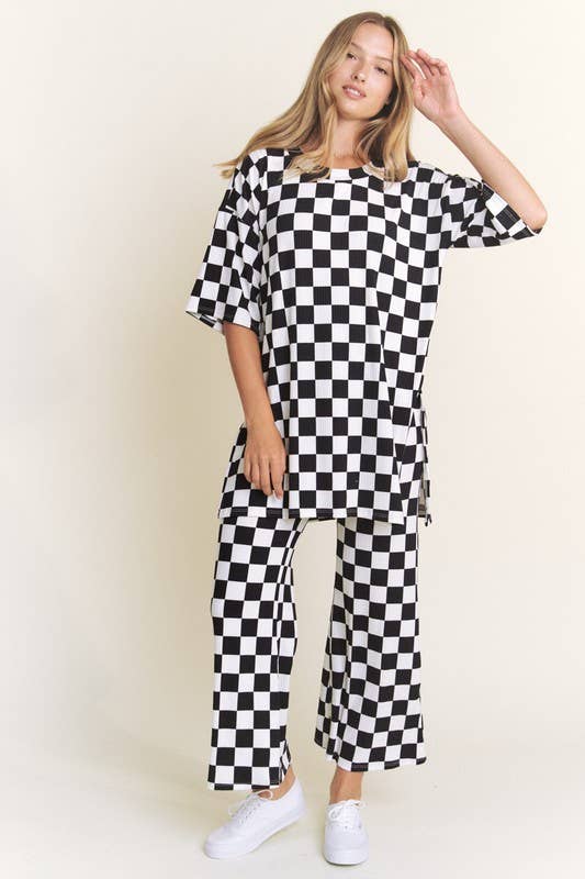 RIBBED CHECKERED PRINT TOP/STRAIGHT LEG PANTS SET