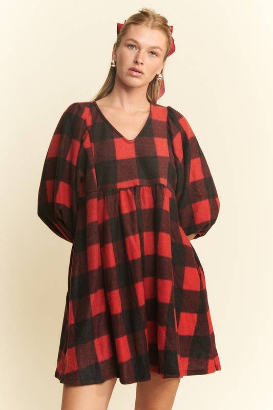 V NECK PLAID BABY DOLL DRESS