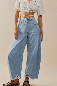White barrel raw hem jeans