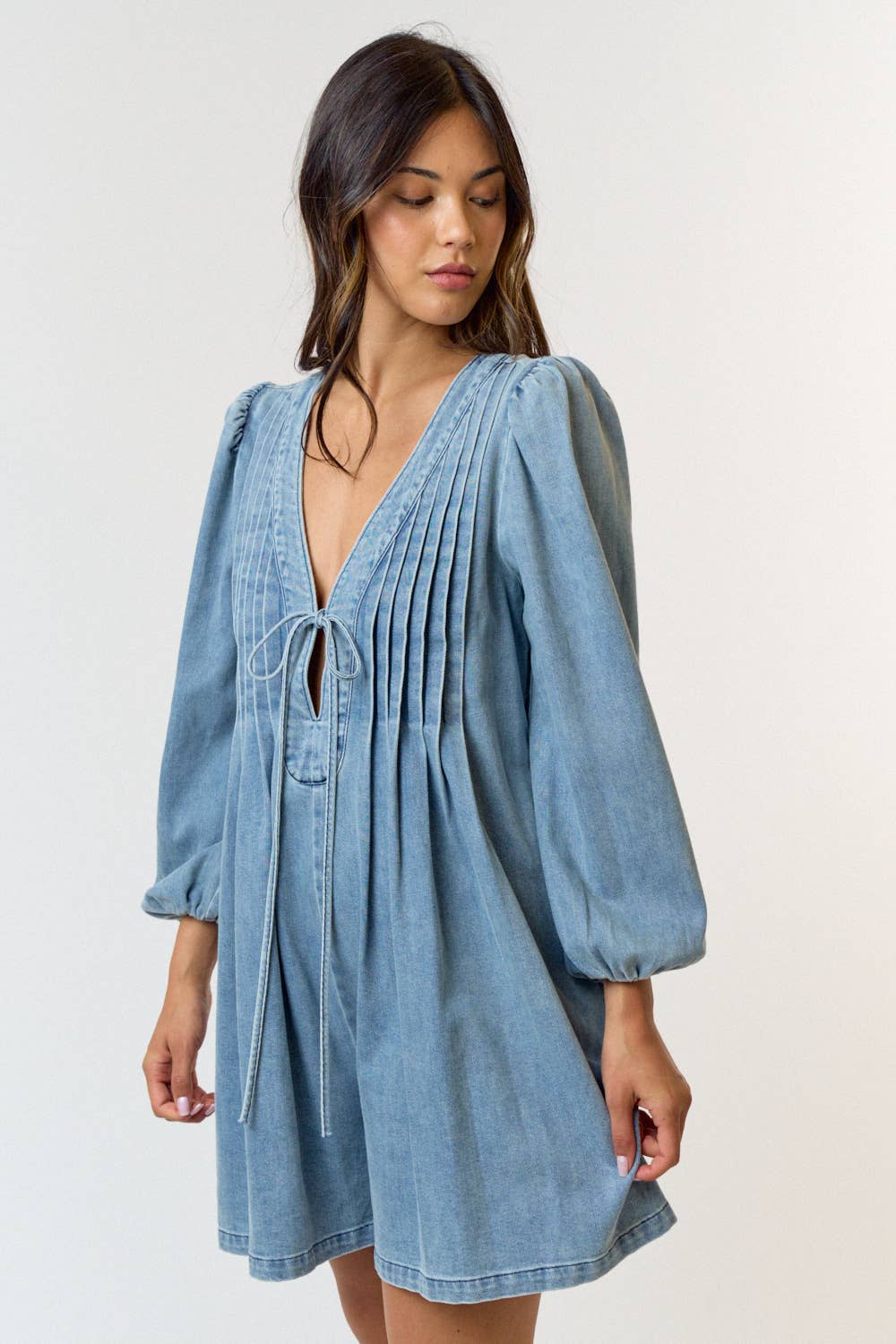 PLEATED FRONT TIE DENIM ROMPER W/ POCKETS