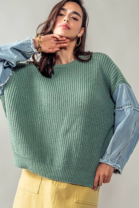 DENIM SLEEVE TWO TONE KNIT SWEATER