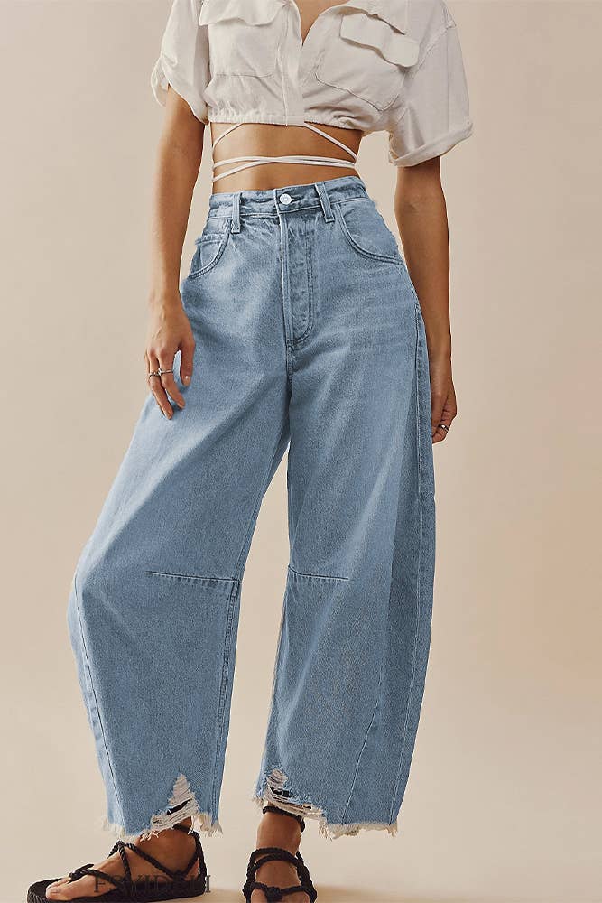 White barrel raw hem jeans