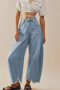 White barrel raw hem jeans