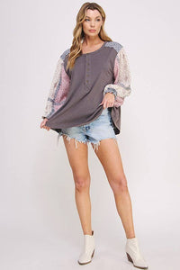 PLUS SIZE PRINTED PATCHWORK LONG SLEEVE BUTTON DOWN TOP