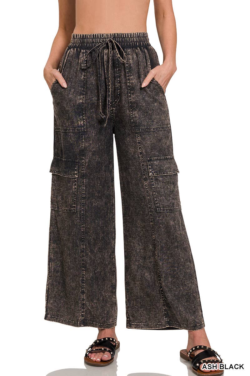 Washed Linen Elastic Band Waist Cargo Pants: ASH BLACK / 1-1-1-1 (S-M-L-XL)