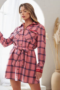 Collared Long Sleeve Plaid Button Down Shirt Dress