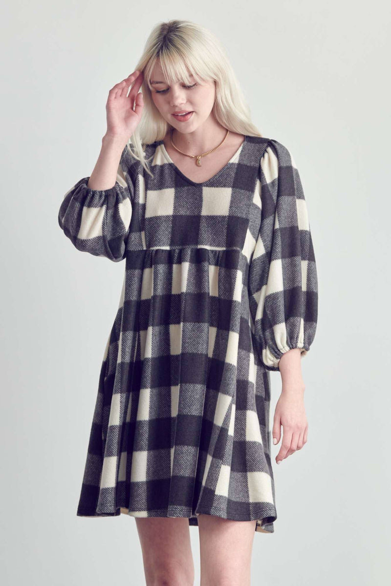 V NECK PLAID BABY DOLL DRESS