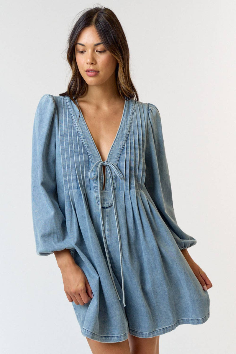 PLEATED FRONT TIE DENIM ROMPER W/ POCKETS