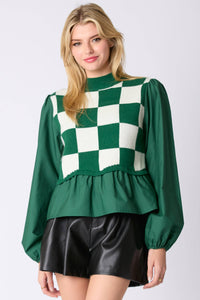 Square Pattern Vest Long Sleeve Peplum Top