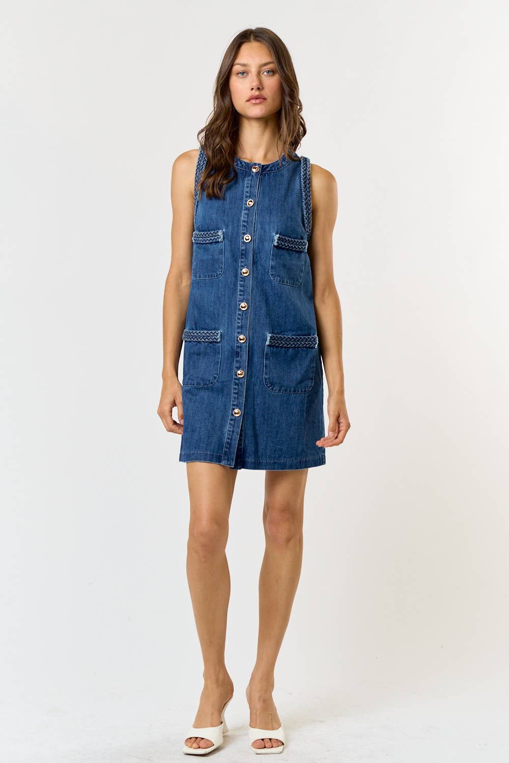 BRAIDED DENIM POCKET MINI DRESS