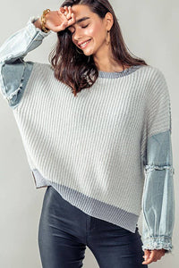 DENIM SLEEVE TWO TONE KNIT SWEATER