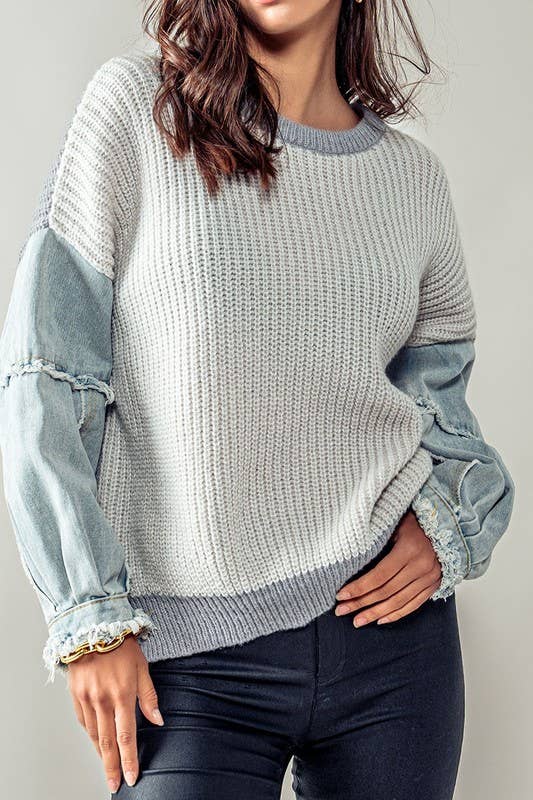 DENIM SLEEVE TWO TONE KNIT SWEATER