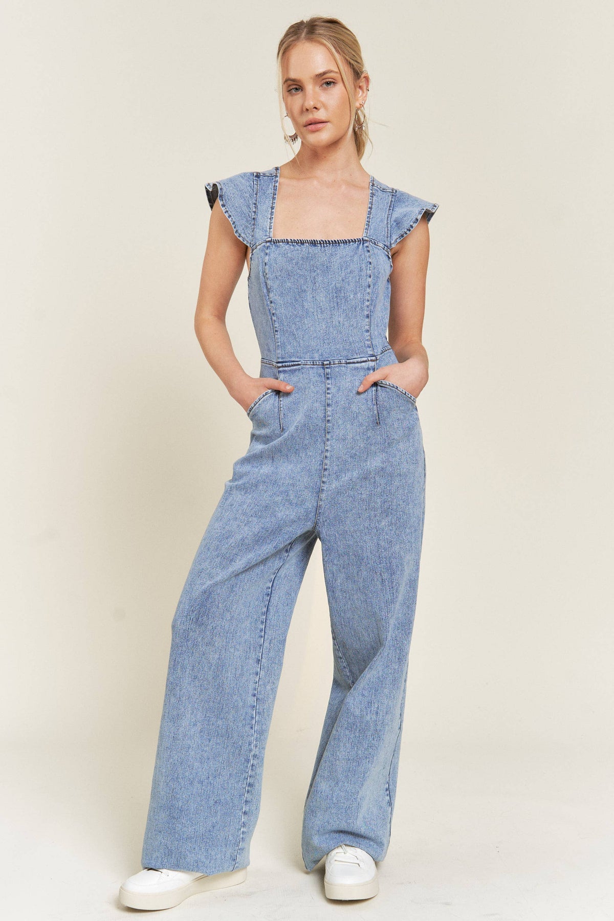 RUFFLED DENIM JUMPSUIT