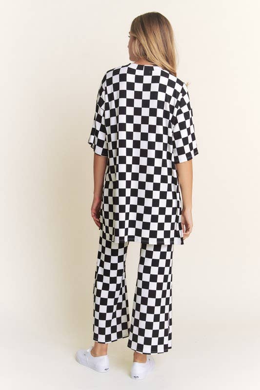 RIBBED CHECKERED PRINT TOP/STRAIGHT LEG PANTS SET