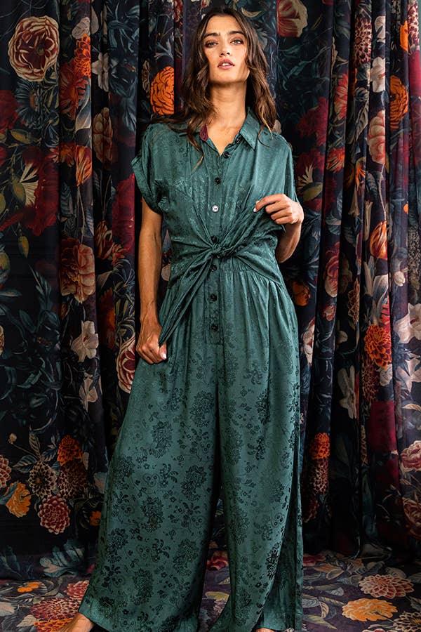 Tie Front Wide Leg  Jacquard Woven Jumpsuit