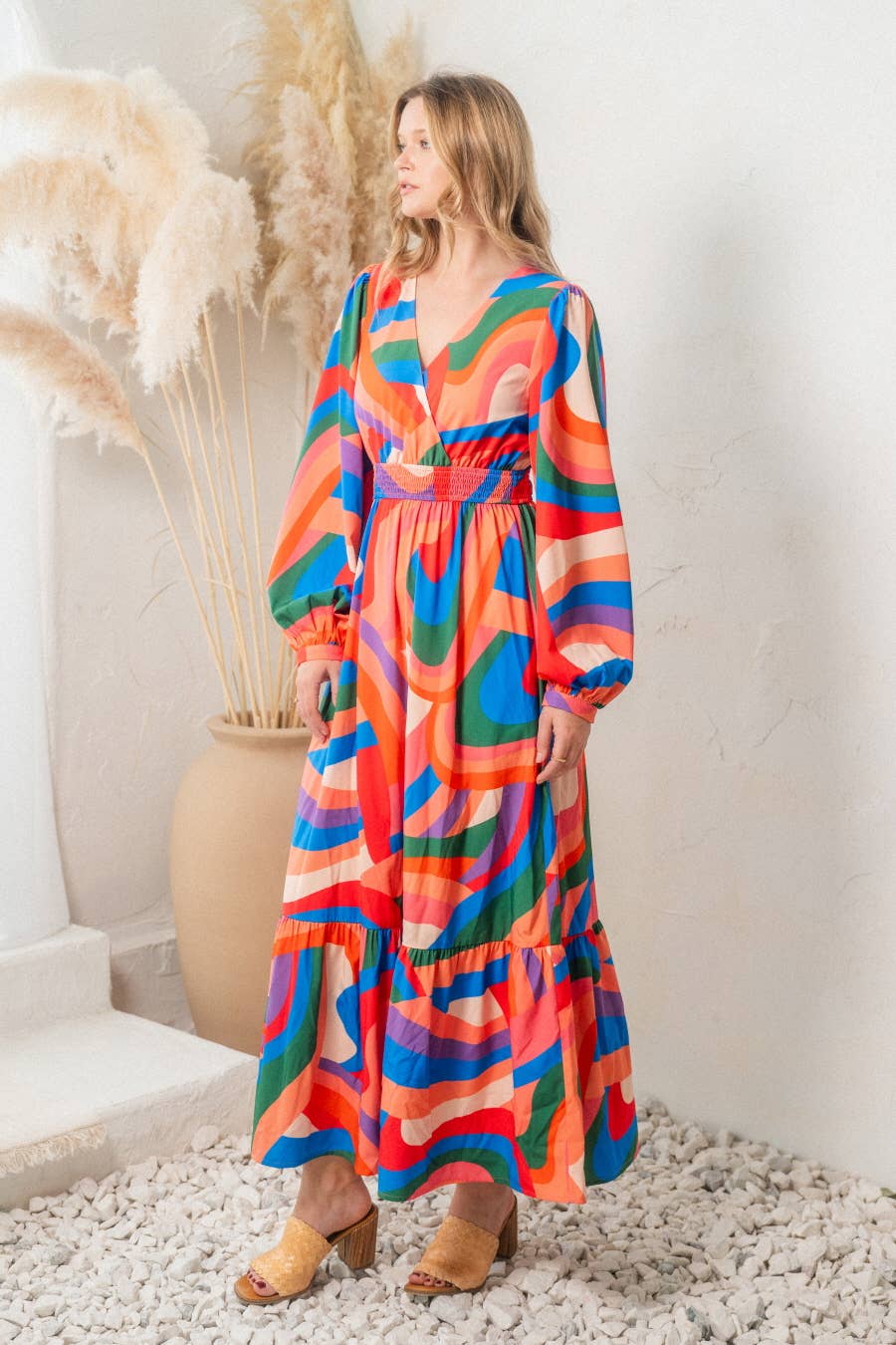 Multi Color Geo Print Front Wrap Maxi Dress