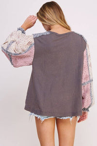 PLUS SIZE PRINTED PATCHWORK LONG SLEEVE BUTTON DOWN TOP