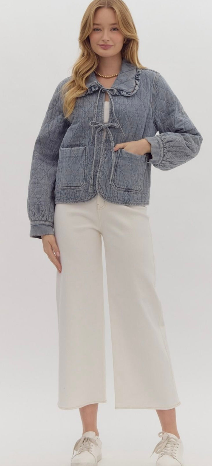 Quilted denim long sleeve collard jacket