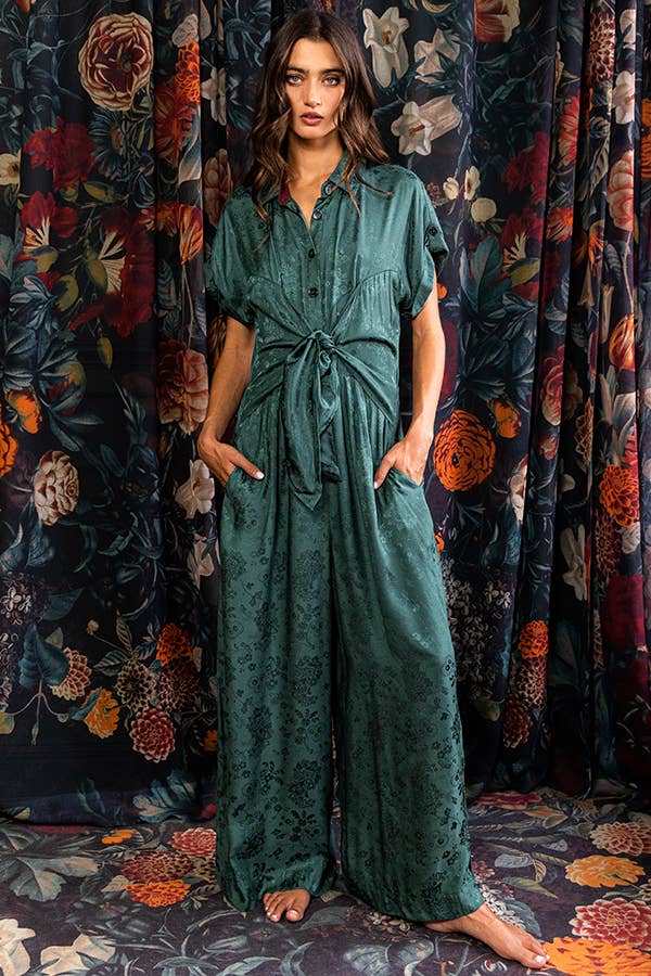 Tie Front Wide Leg  Jacquard Woven Jumpsuit