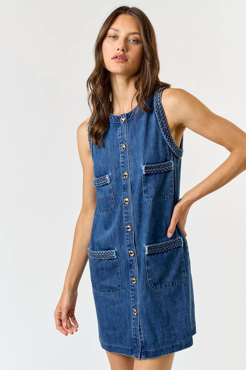 BRAIDED DENIM POCKET MINI DRESS