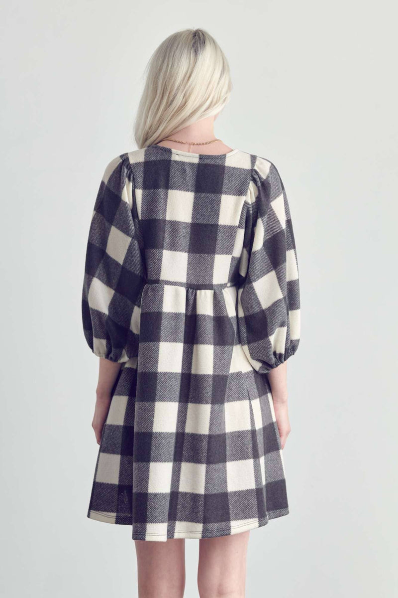 V NECK PLAID BABY DOLL DRESS