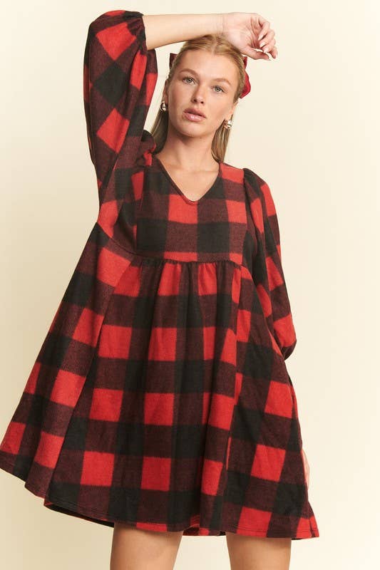 V NECK PLAID BABY DOLL DRESS