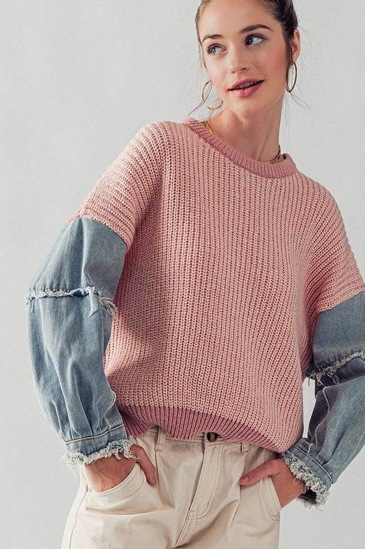 DENIM SLEEVE TWO TONE KNIT SWEATER