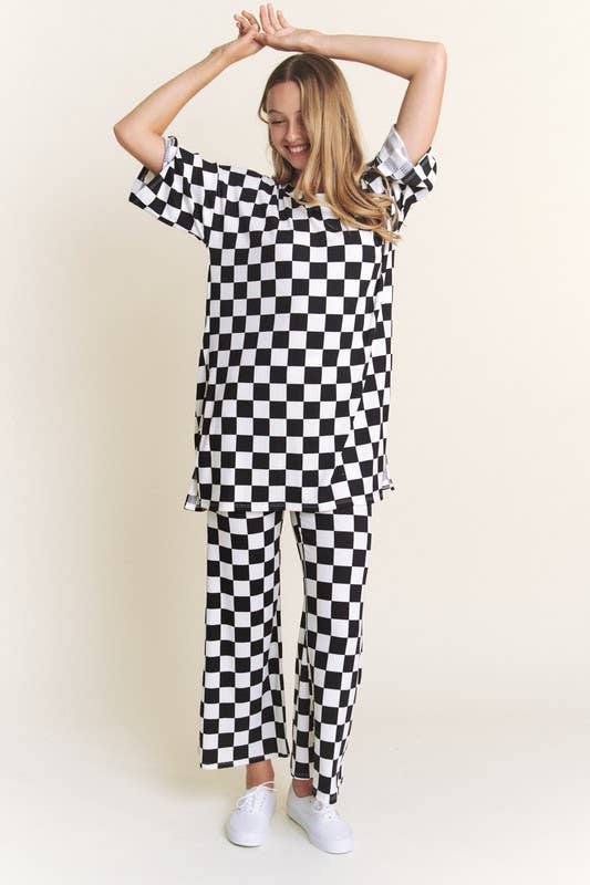 RIBBED CHECKERED PRINT TOP/STRAIGHT LEG PANTS SET