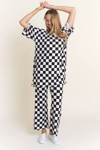 RIBBED CHECKERED PRINT TOP/STRAIGHT LEG PANTS SET