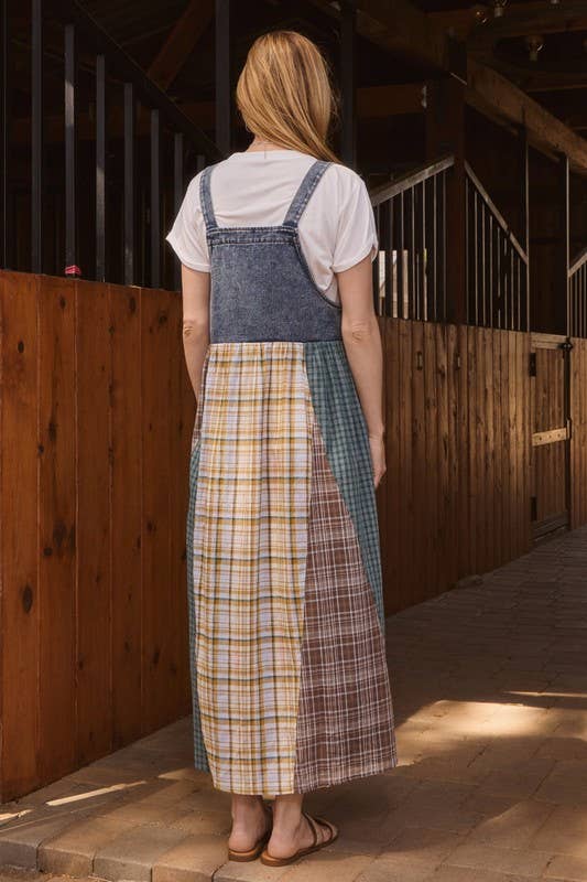 Color Mixed Plaid Overall Maxi Dress