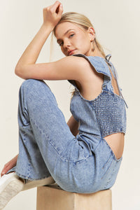 RUFFLED DENIM JUMPSUIT