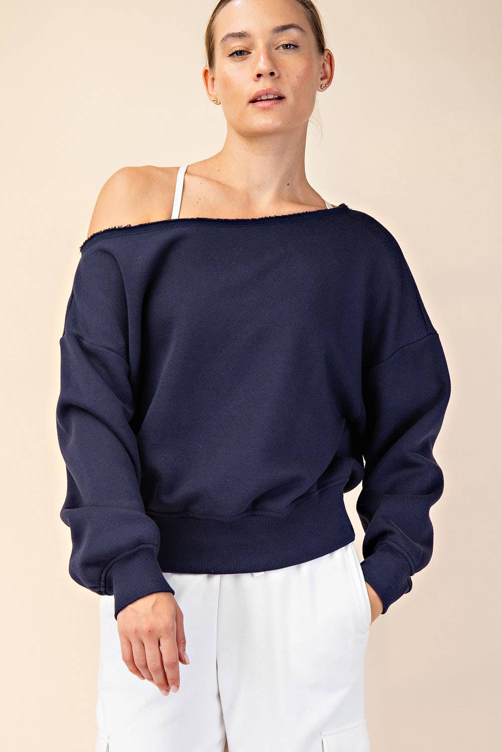 FRENCH TERRY FLEECE OFF SHOULDER SWEATSHIRT