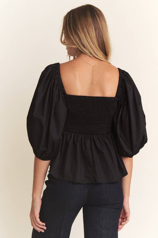 HEART SHAPED BUST 1/2 PUFF SLEEVE PEPLUM TOP