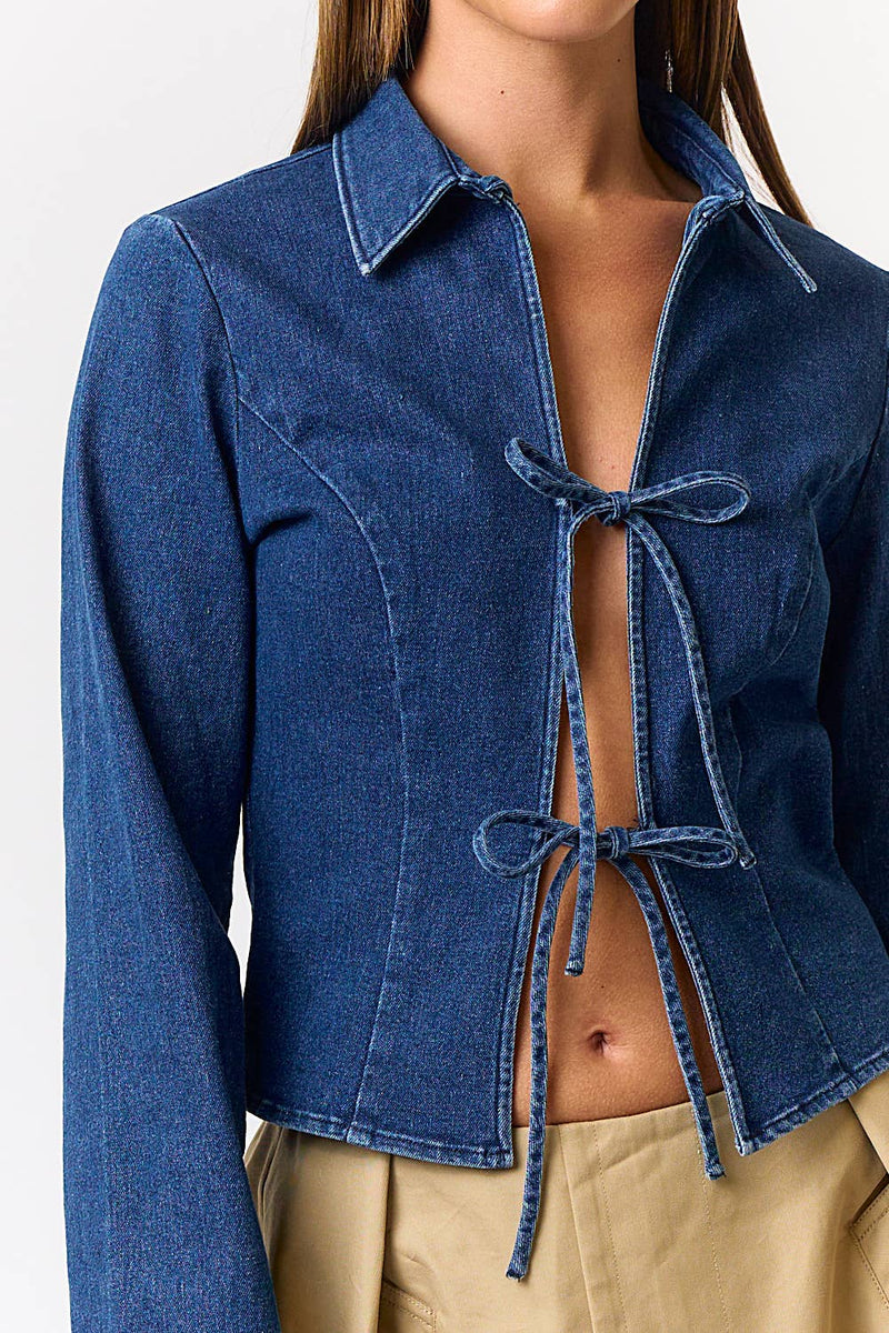 STRETCH DENIM FRONT TIE COLLARED LONG SLEEVE TOP