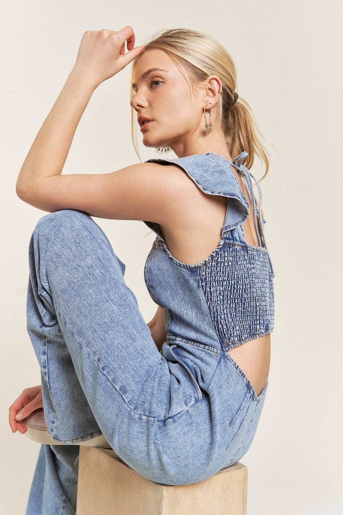 RUFFLED DENIM JUMPSUIT