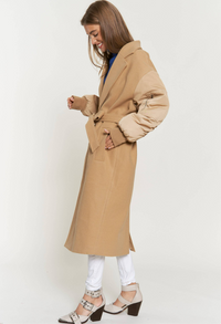 TIE WAIST PADDED BALLOON SLEEVE BOMBER MIDI COAT