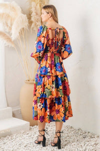 Floral Printed Tired Ruffle Midi Dress