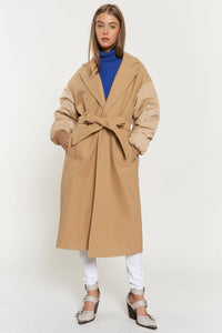 TIE WAIST PADDED BALLOON SLEEVE BOMBER MIDI COAT