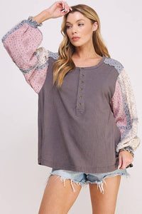 PLUS SIZE PRINTED PATCHWORK LONG SLEEVE BUTTON DOWN TOP