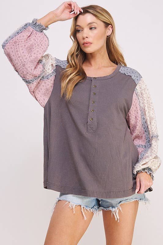 PLUS SIZE PRINTED PATCHWORK LONG SLEEVE BUTTON DOWN TOP