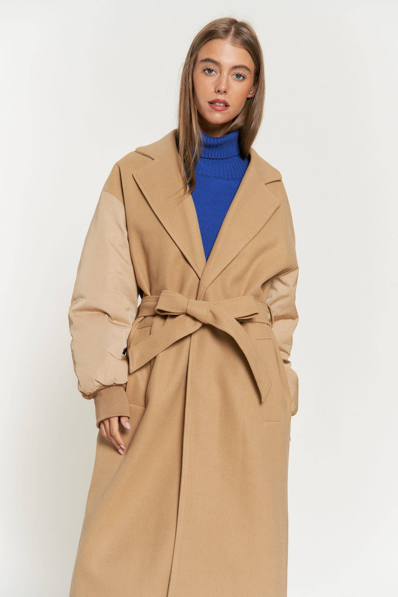 TIE WAIST PADDED BALLOON SLEEVE BOMBER MIDI COAT